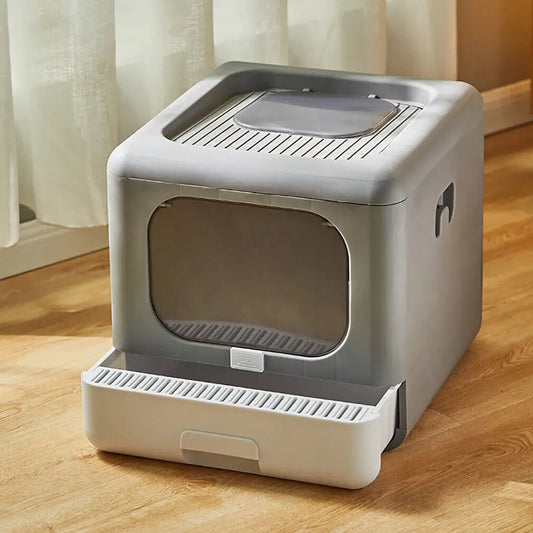 Odor-resistant enclosed foldable cat litter box