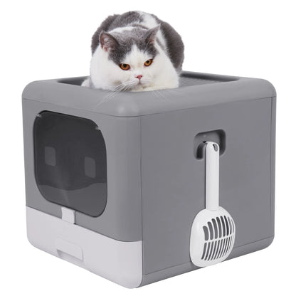 Odor-resistant enclosed foldable cat litter box