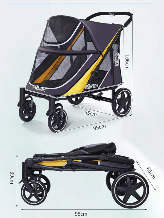 Pet Travel Dog Stroller with Large Cart Space 40KG Load-Bearing Lightweight Folding