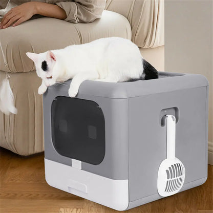 Odor-resistant enclosed foldable cat litter box