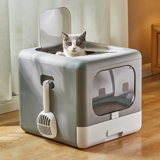 Odor-resistant enclosed foldable cat litter box